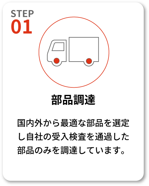 【STEP01 部品調達】国内外から最適な部品を選定し自社の受入検査を通過した部品のみを調達しています。