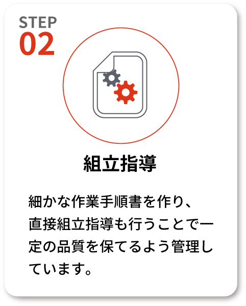 【STEP02 組立指導】細かな作業手順書を作り、
直接組立指導も行うことで一定の品質を保てるよう管理しています。